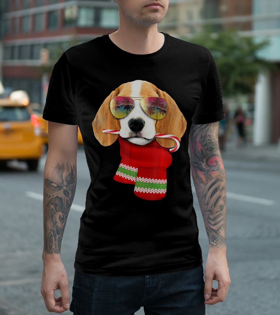 Beagle Christmas in July Sunglasses Candy Cane Scarf T-Shirt