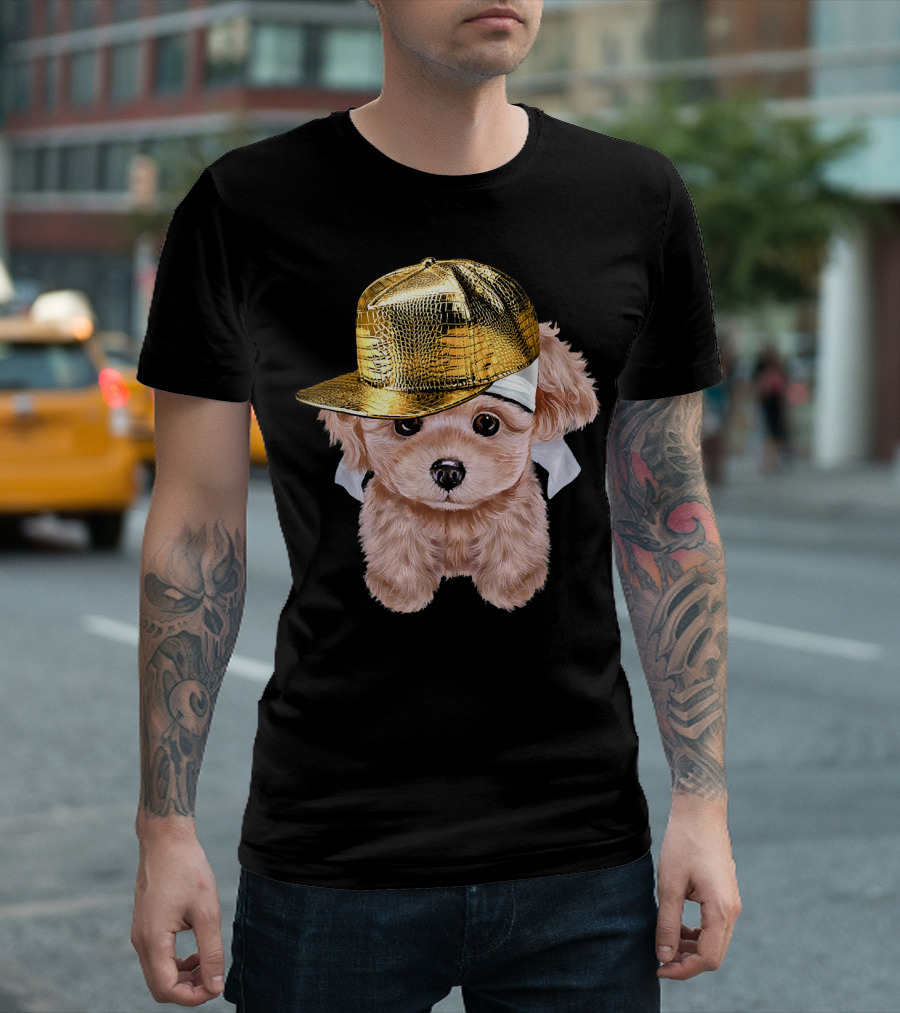 Cream Poodle Puppy with Gold Rapper Hat Hip Hop Do T-Shirt