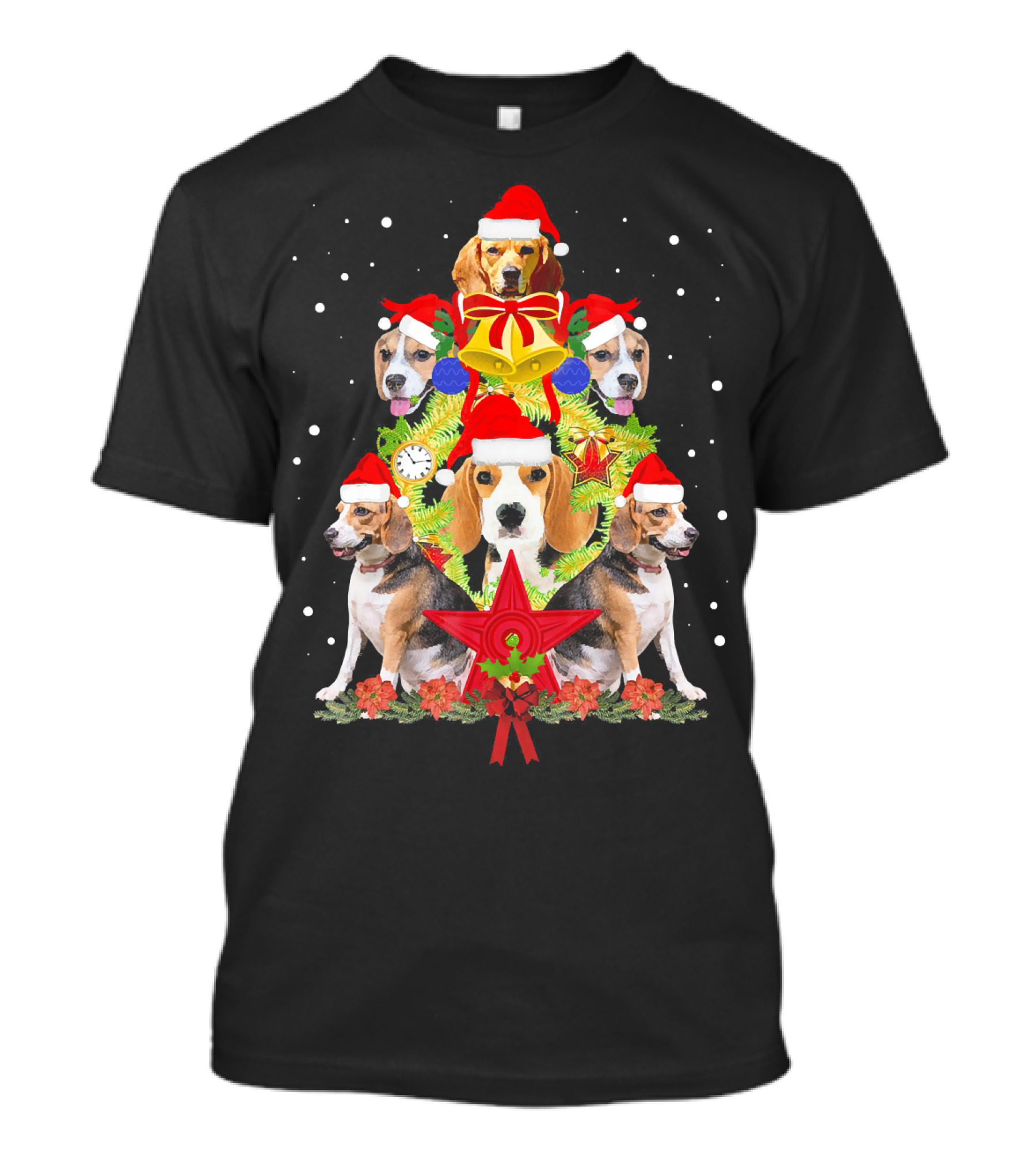 Beagle Santa Hats Christmas Tree With Clock And Flowers T-Shirt