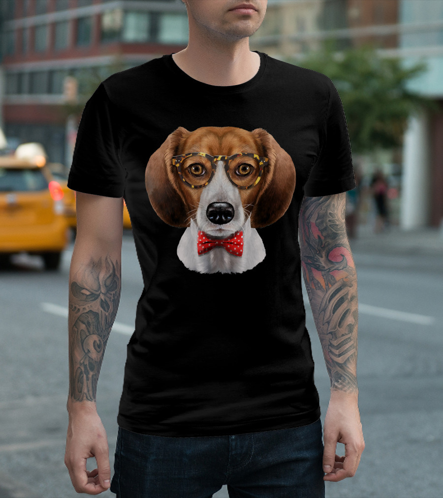 Beagle Dog in Tortoiseshell Glasses and Red Polka Dot Bow Tie T-Shirt