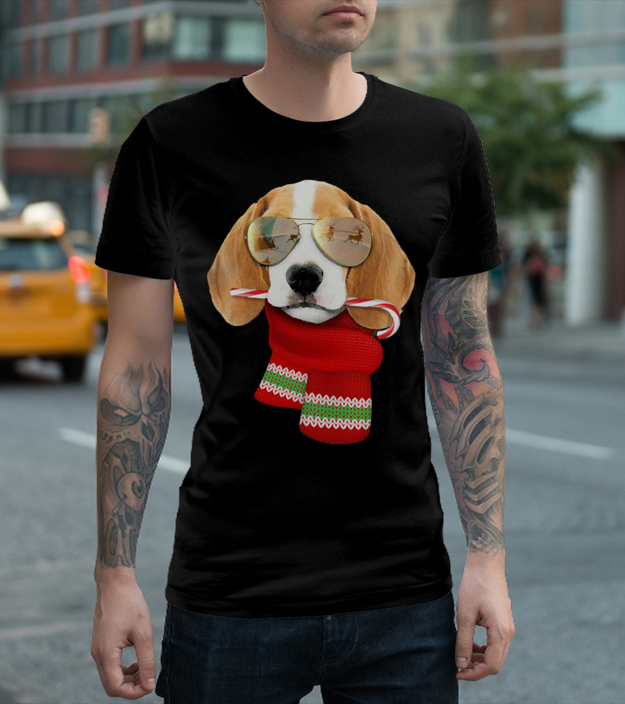 Beagle Christmas Candy Cane Love with Santa Sunglasses and Scarf T-Shirt