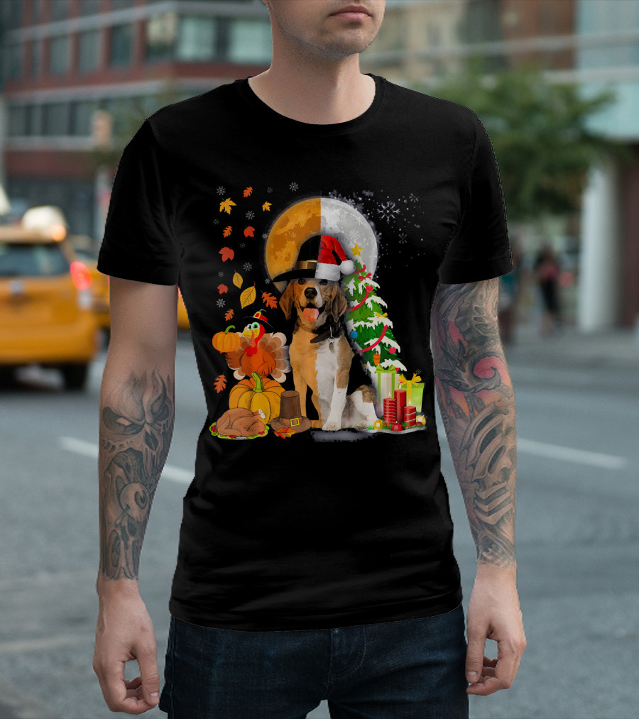 Beagle Dog Happy Thanksgiving Merry Christmas Turkey Pumpkin Presents T-Shirt