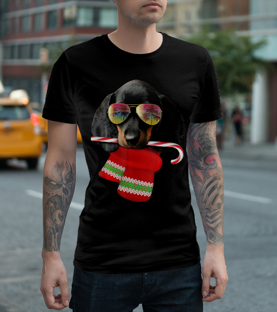 Christmas in July Dachshund Sunglasses Candy Cane Holiday Fun T-Shirt