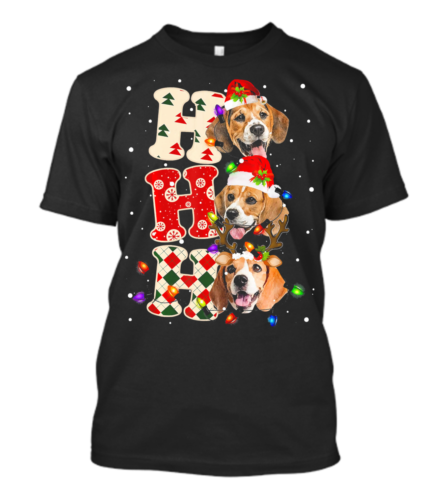 HO HO HO Beagle Malamute Christmas Dogs With Santa Hats And Lights T-Shirt