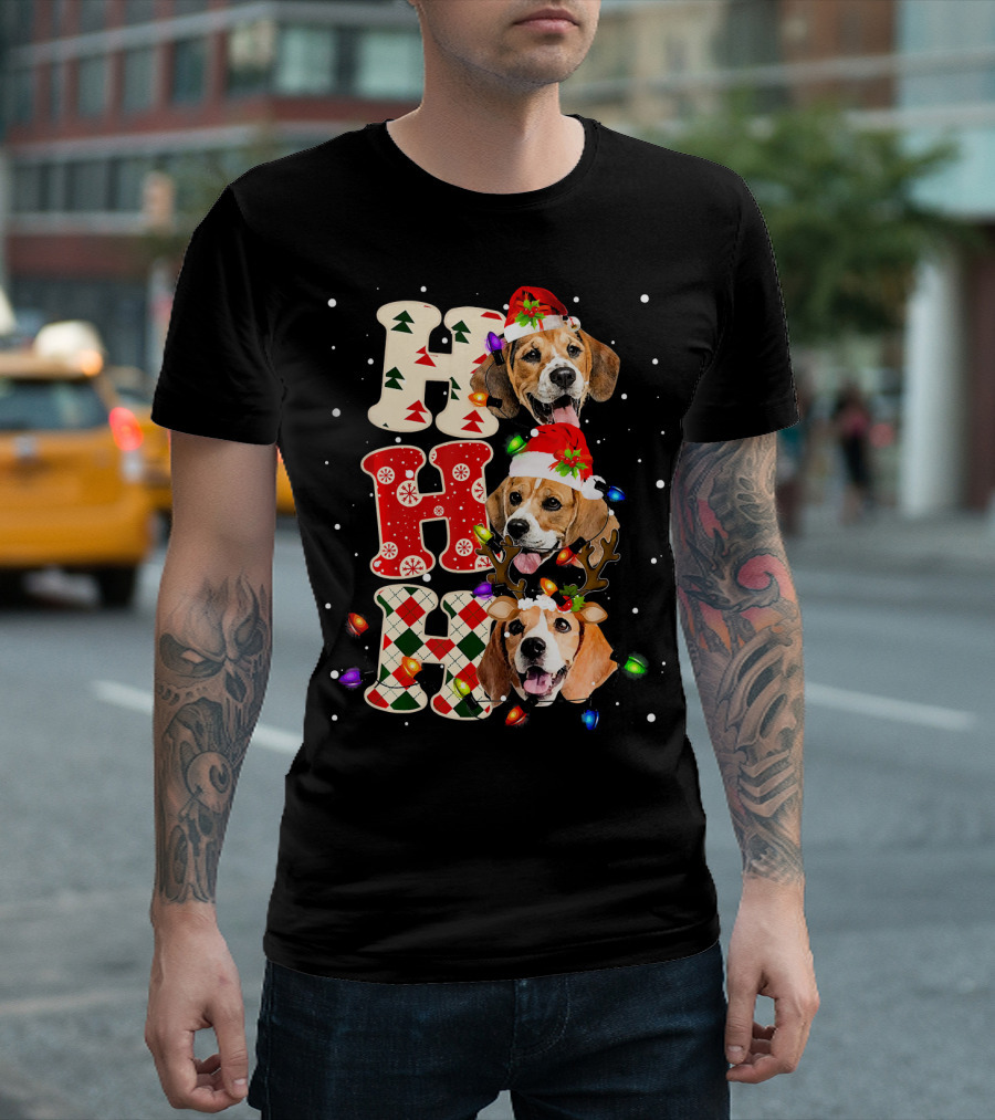 HO HO HO Beagle Malamute Christmas Dogs With Santa Hats And Lights T-Shirt