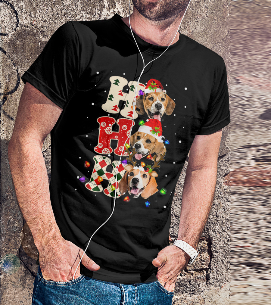 HO HO HO Beagle Malamute Christmas Dogs With Santa Hats And Lights T-Shirt