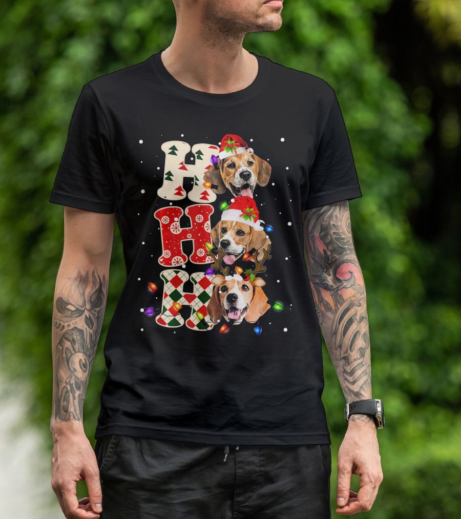 HO HO HO Beagle Malamute Christmas Dogs With Santa Hats And Lights T-Shirt