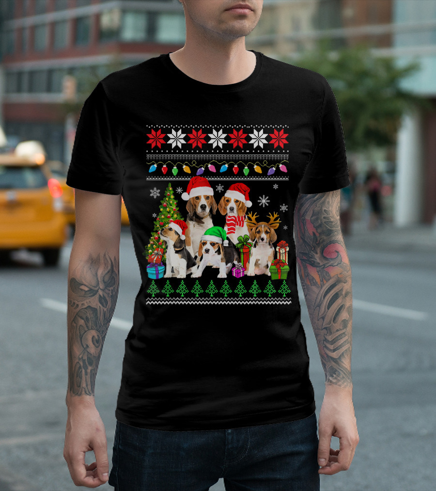 Cute Beagle Puppies Christmas Festive Sweaters Holiday Lights T-Shirt