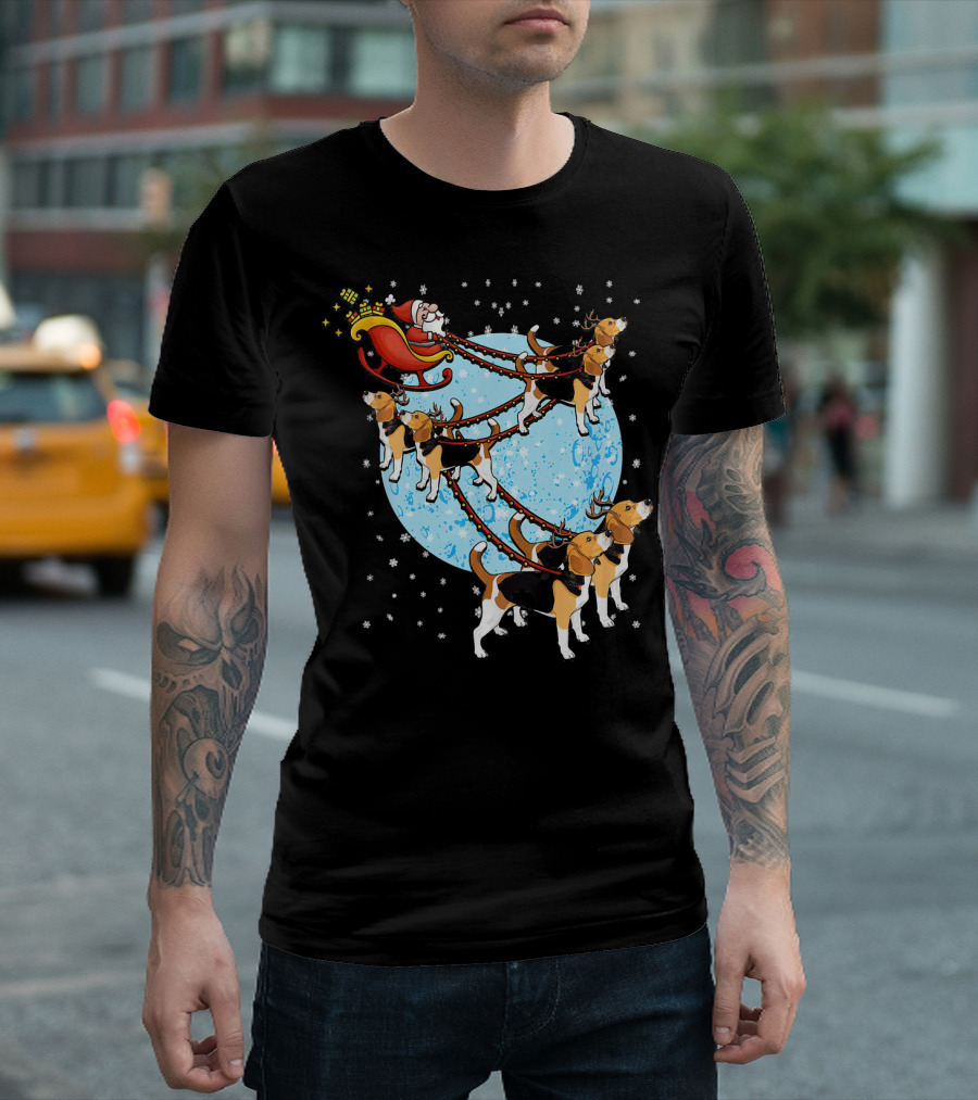 Beagle Reindeer Pulling Santa's Sleigh in Winter Scene T-Shirt