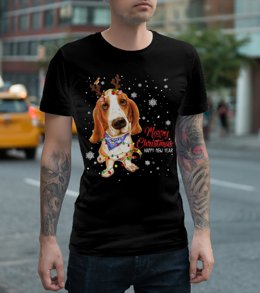 Merry Christmas Happy New Year Beagle With Lights and Antlers T-Shirt