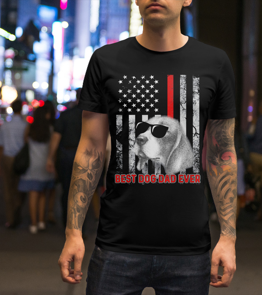 Best Dog Dad Ever Beagle USA Flag Sunglasses T-Shirt