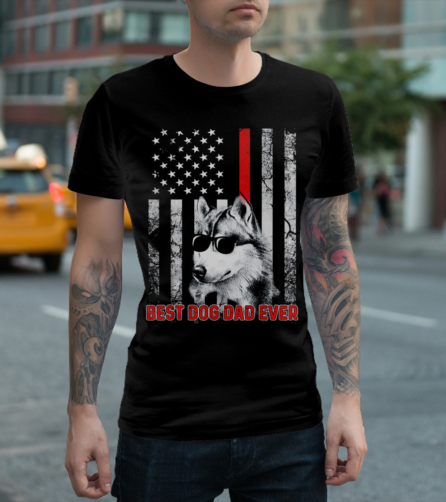 Best Dog Dad Ever USA Flag Husky With Sunglasses T-Shirt