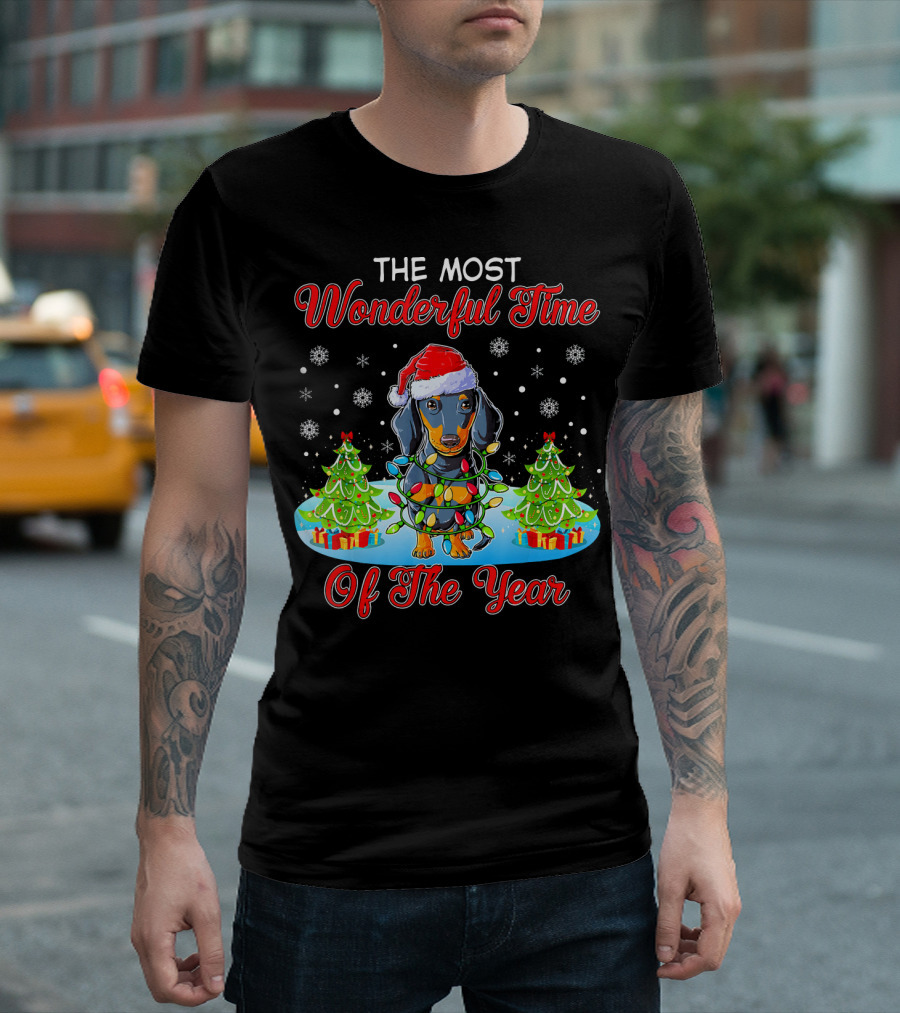 The Most Wonderful Time of the Year Christmas Dachshund Dog with Santa Hat and Festive Lights T-Shirt