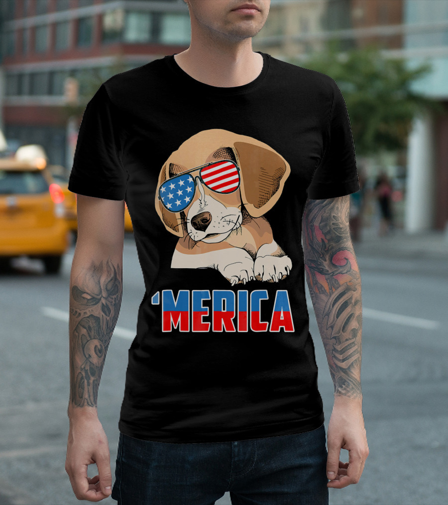 Patriotic Beagle with American Flag Sunglasses 'Merica 4th of July T-Shirt