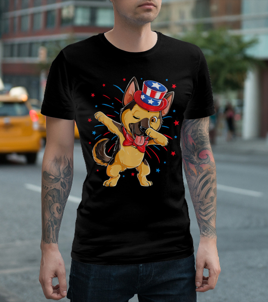 Dabbing German Shepherd Patriotic Uncle Sam Hat Fireworks 4th of July T-Shirt