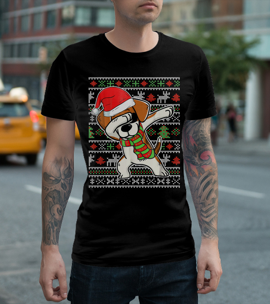 Beagle Dog Dabbing Santa Hat Ugly Christmas T-Shirt