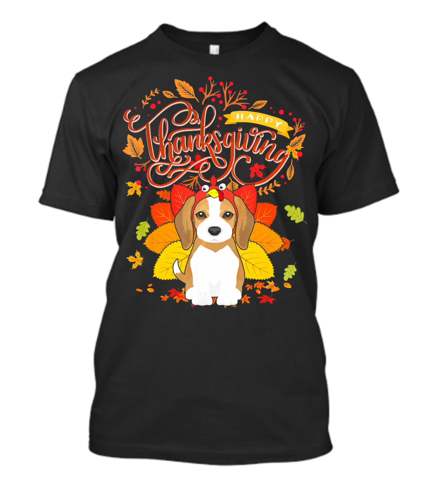Happy Thanksgiving Beagle With Turkey Hat And Autumn Leaves T-Shirt