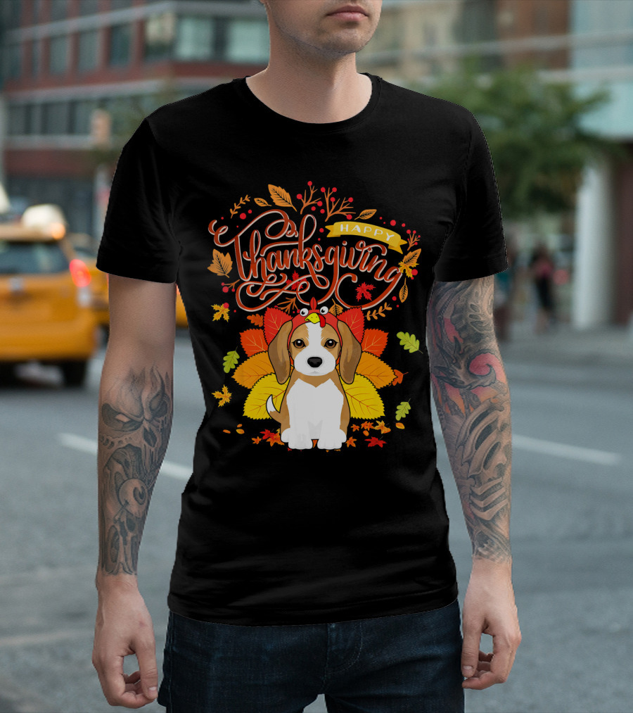 Happy Thanksgiving Beagle With Turkey Hat And Autumn Leaves T-Shirt