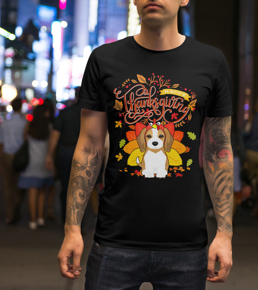 Happy Thanksgiving Beagle With Turkey Hat And Autumn Leaves T-Shirt