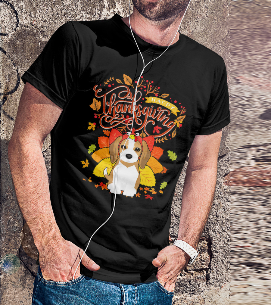 Happy Thanksgiving Beagle With Turkey Hat And Autumn Leaves T-Shirt