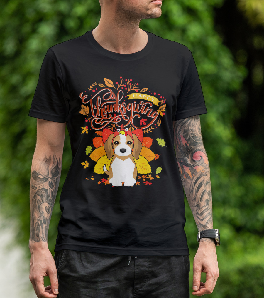 Happy Thanksgiving Beagle With Turkey Hat And Autumn Leaves T-Shirt