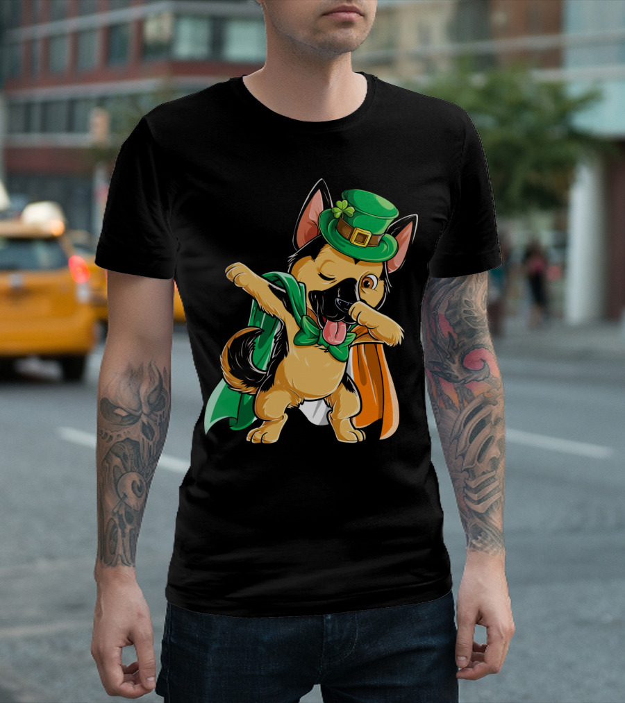 Dabbing German Shepherd With Leprechaun Hat And Irish Flag T-Shirt