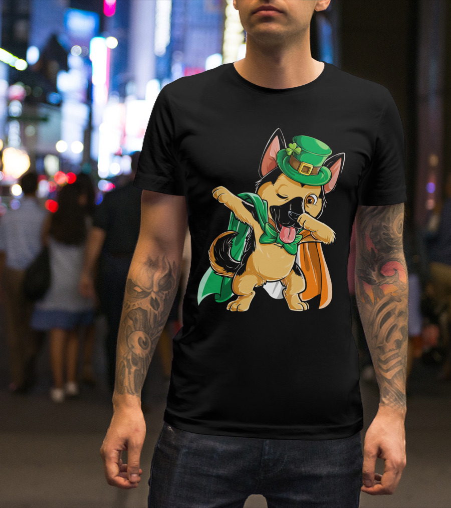 Dabbing German Shepherd With Leprechaun Hat And Irish Flag T-Shirt