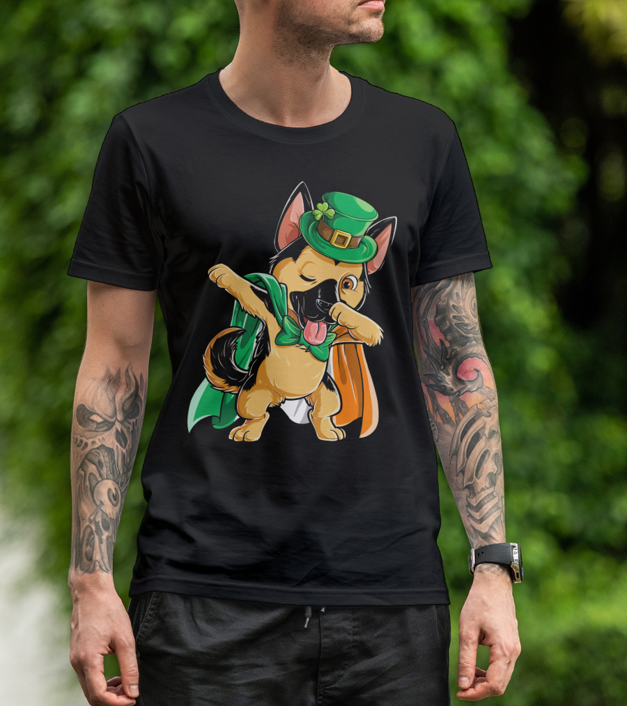 Dabbing German Shepherd With Leprechaun Hat And Irish Flag T-Shirt