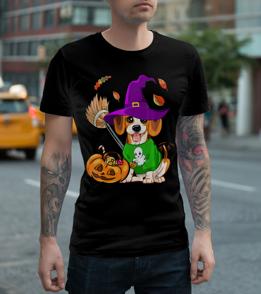 Beagle Puppy in Witch Hat with Halloween Pumpkin Basket T-Shirt