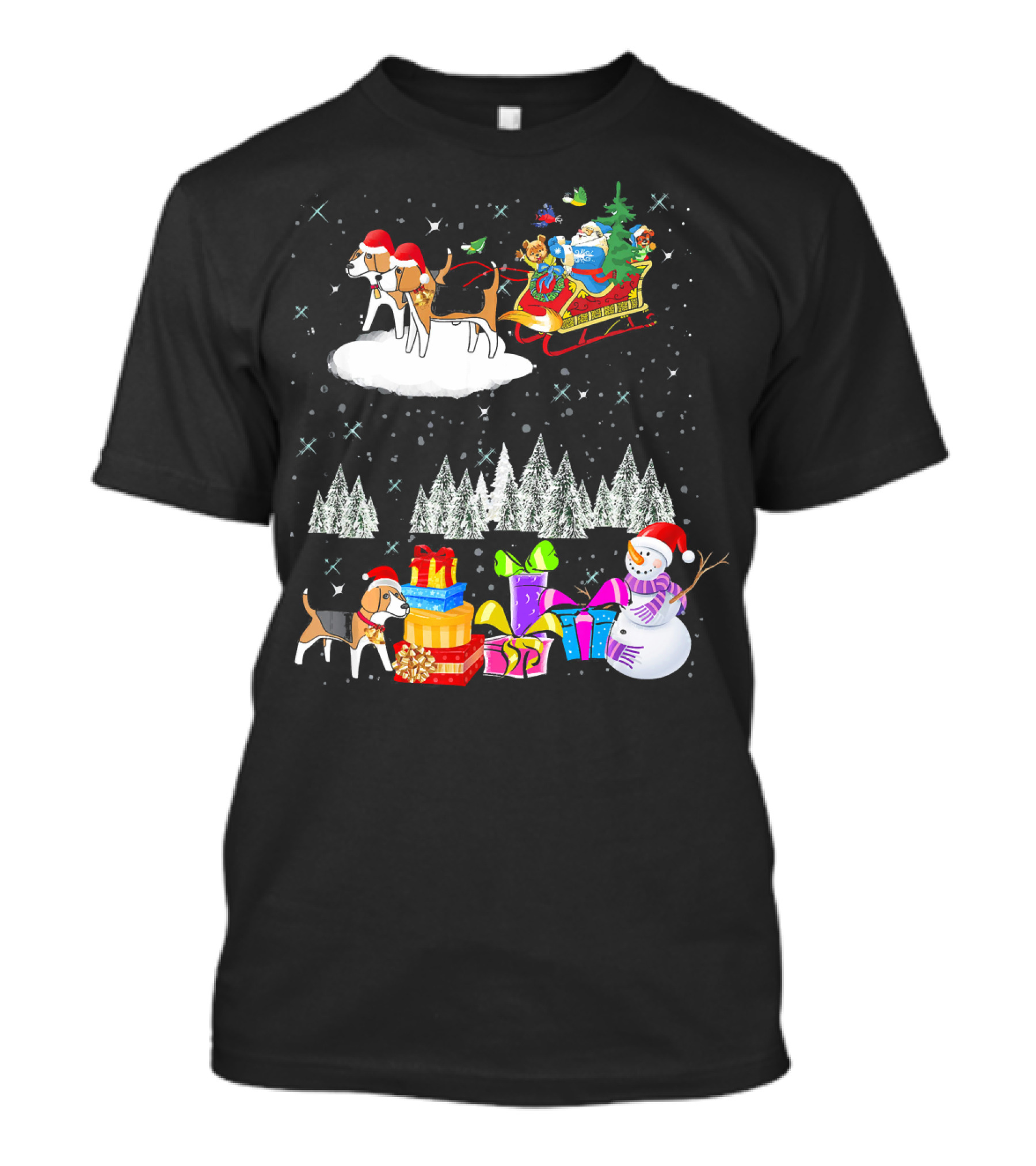 Beagle Reindeer Christmas Santa Dog Snowman Presents Sleigh Winter Scene T-Shirt