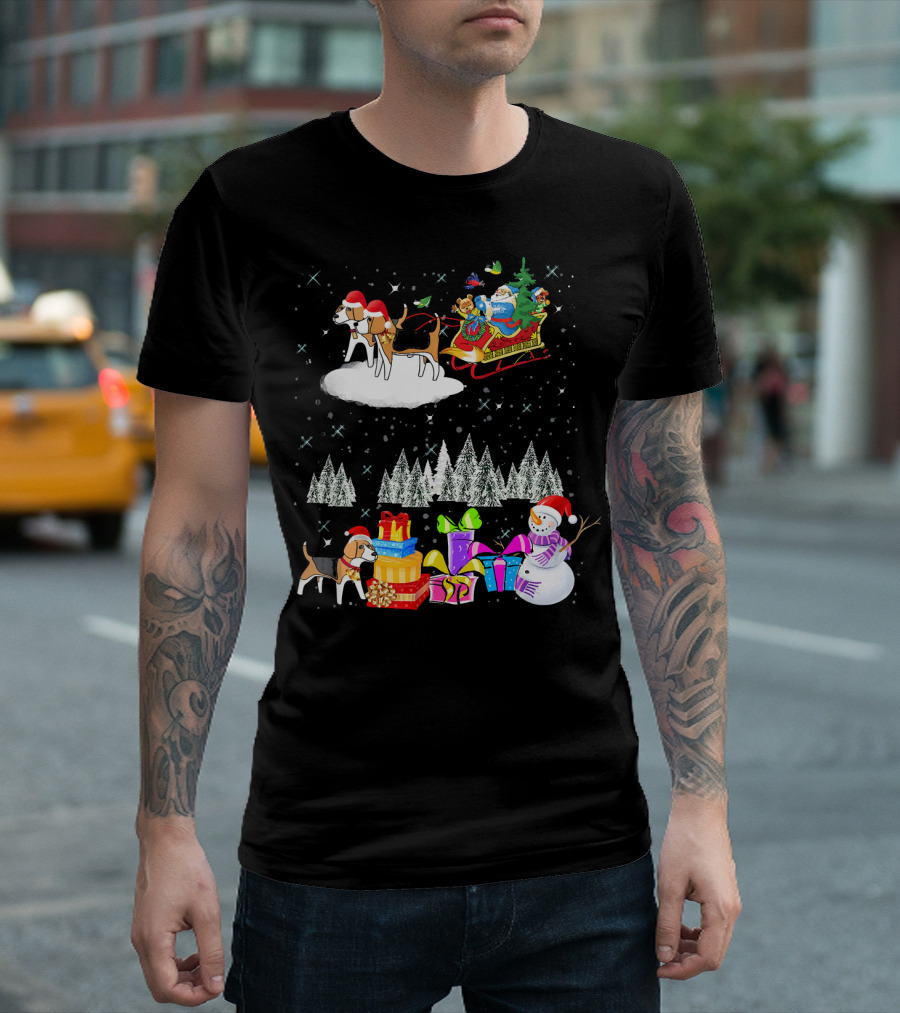 Beagle Reindeer Christmas Santa Dog Snowman Presents Sleigh Winter Scene T-Shirt