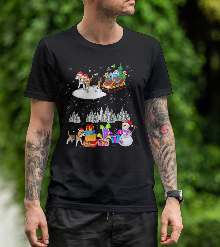 Beagle Reindeer Christmas Santa Dog Snowman Presents Sleigh Winter Scene T-Shirt