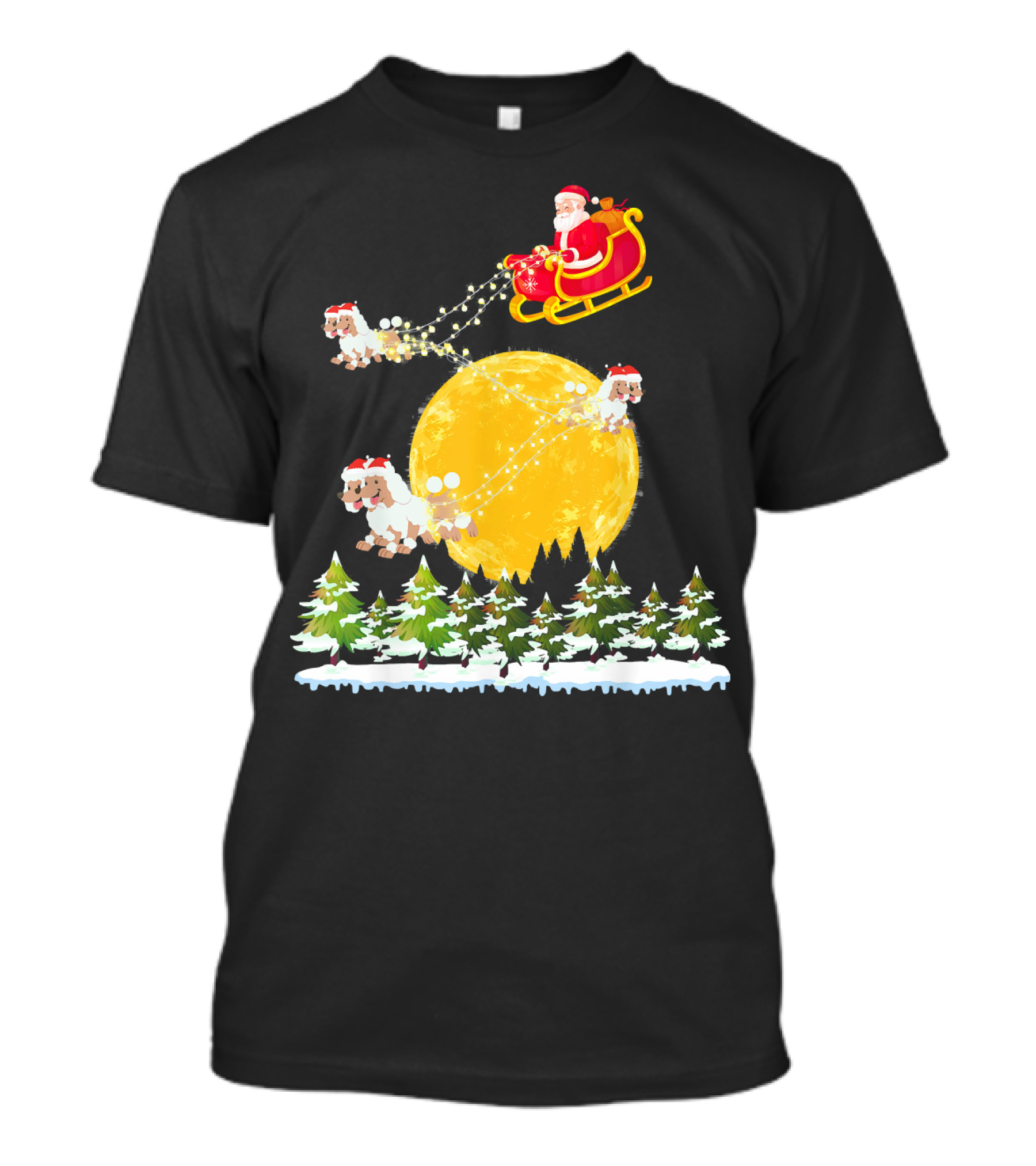 Santa Claus Riding Sleigh With Poodles Over Full Moon Winter Scene T-Shirt