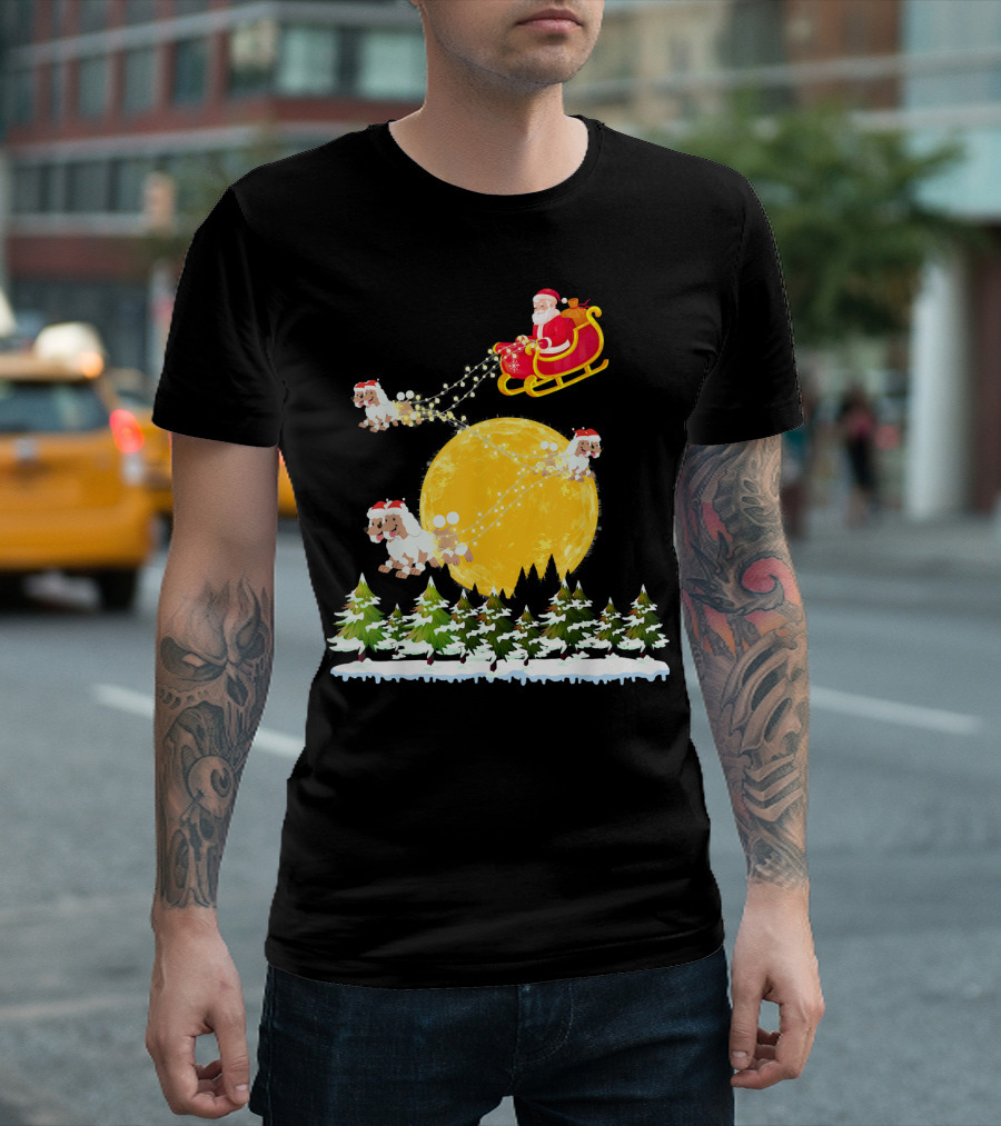 Santa Claus Riding Sleigh With Poodles Over Full Moon Winter Scene T-Shirt