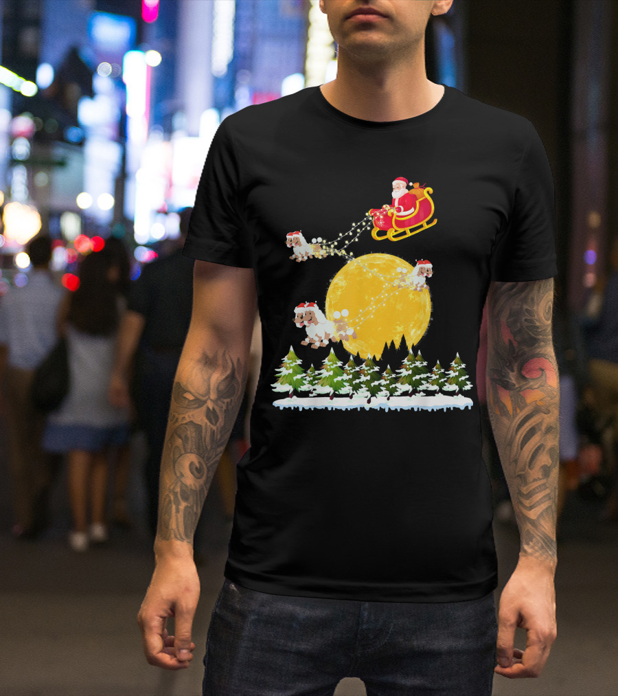 Santa Claus Riding Sleigh With Poodles Over Full Moon Winter Scene T-Shirt