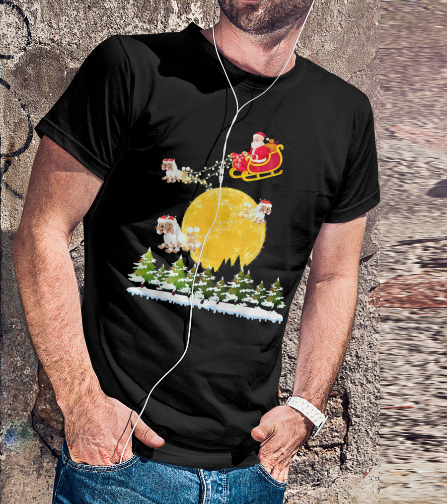 Santa Claus Riding Sleigh With Poodles Over Full Moon Winter Scene T-Shirt