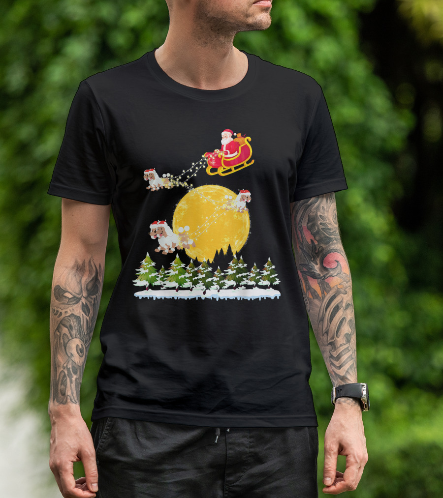 Santa Claus Riding Sleigh With Poodles Over Full Moon Winter Scene T-Shirt