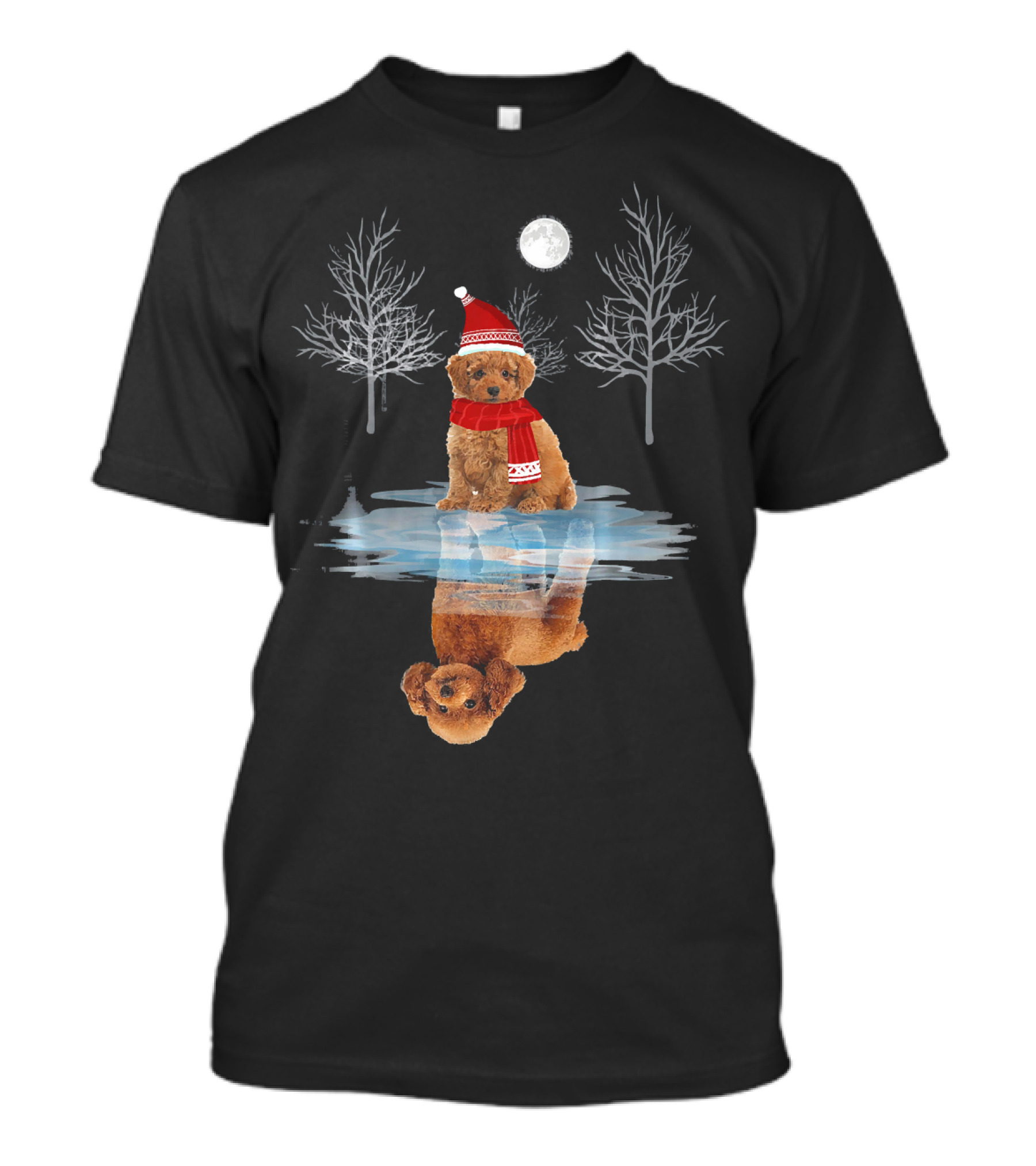Cute Poodle Dog Reflection Christmas Holiday T-Shirt