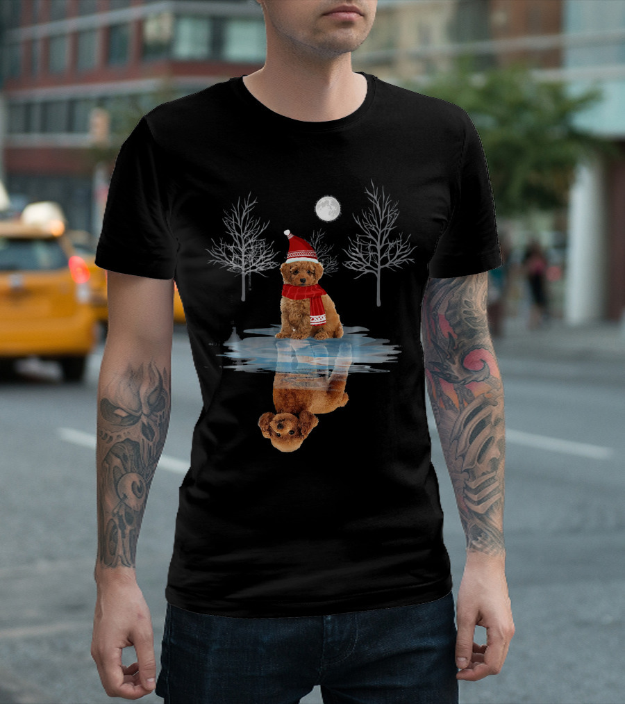 Cute Poodle Dog Reflection Christmas Holiday T-Shirt