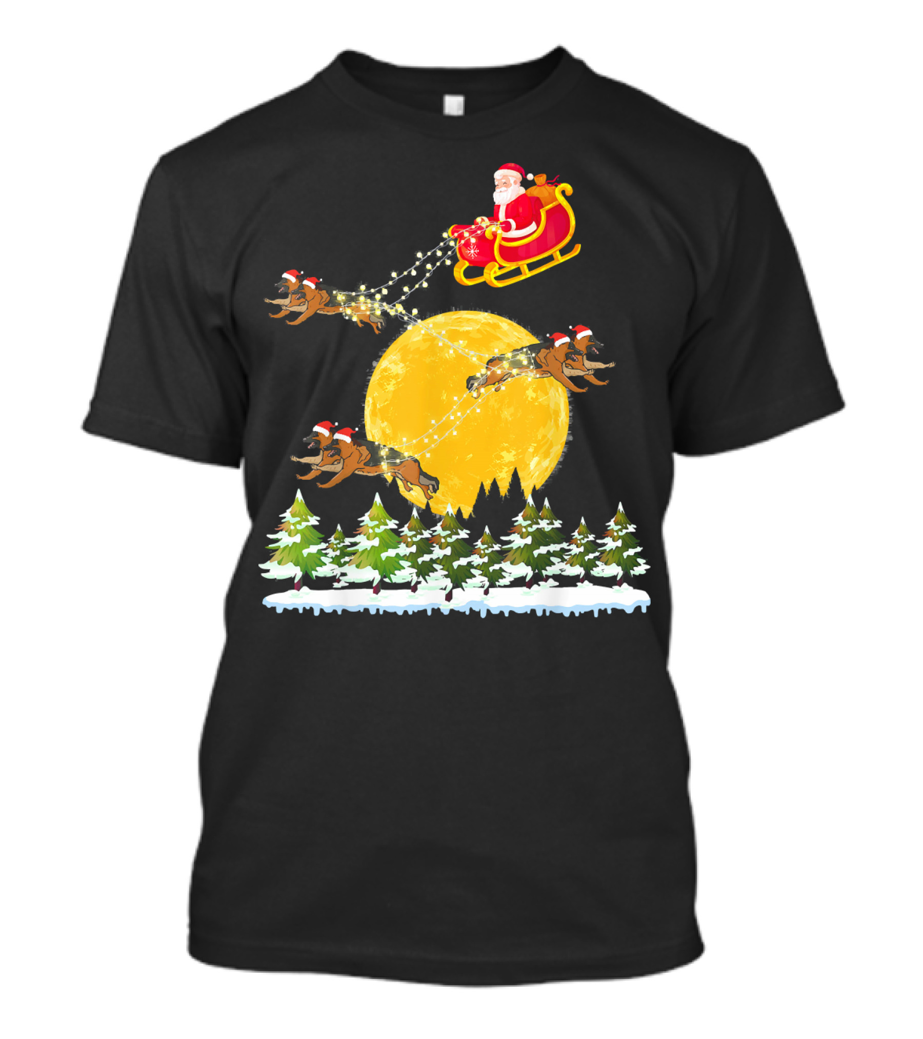 Santa Claus In Sled With German Shepherds Flying Over Moonlit Forest T-Shirt