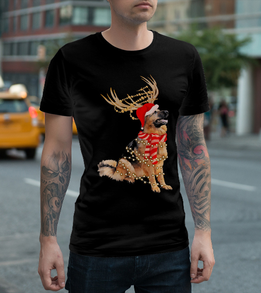 German Shepherd Christmas Santa Hat Lights Antlers Scarf T-Shirt