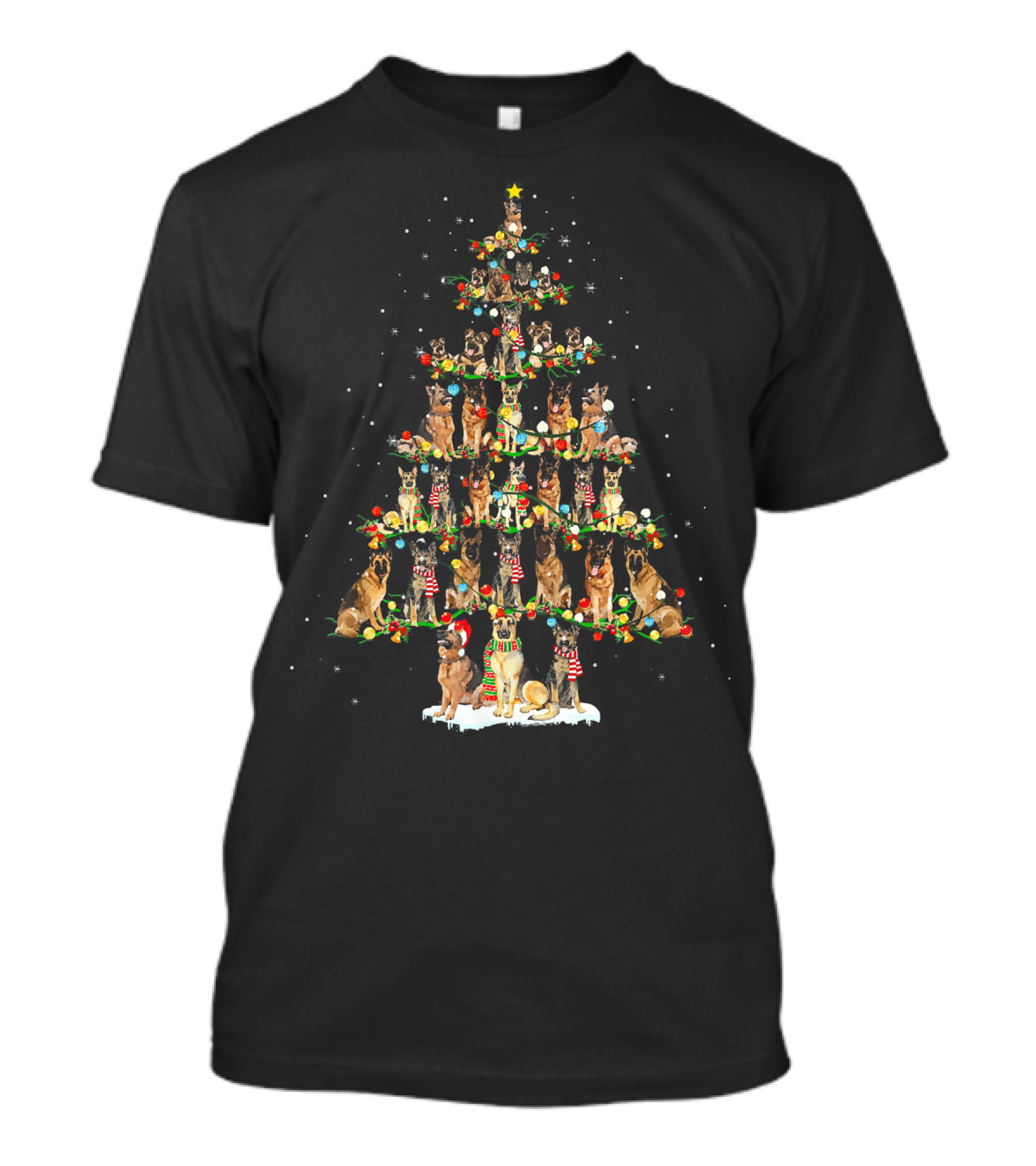 Cute German Shepherd Dogs In Christmas Tree Formation With Festive Decorations T-Shirt