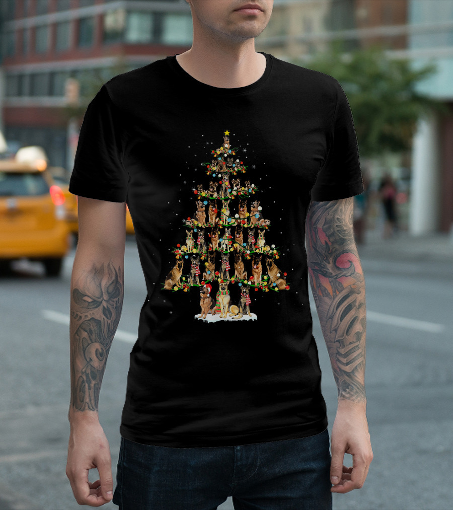Cute German Shepherd Dogs In Christmas Tree Formation With Festive Decorations T-Shirt