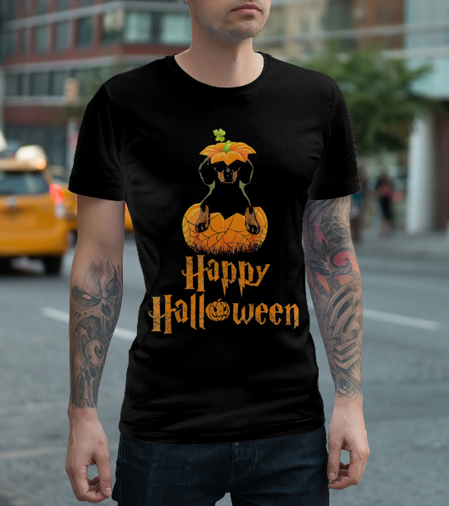 Happy Halloween Dachshund in Pumpkin Hat and Orange Spiderwebs T-Shirt