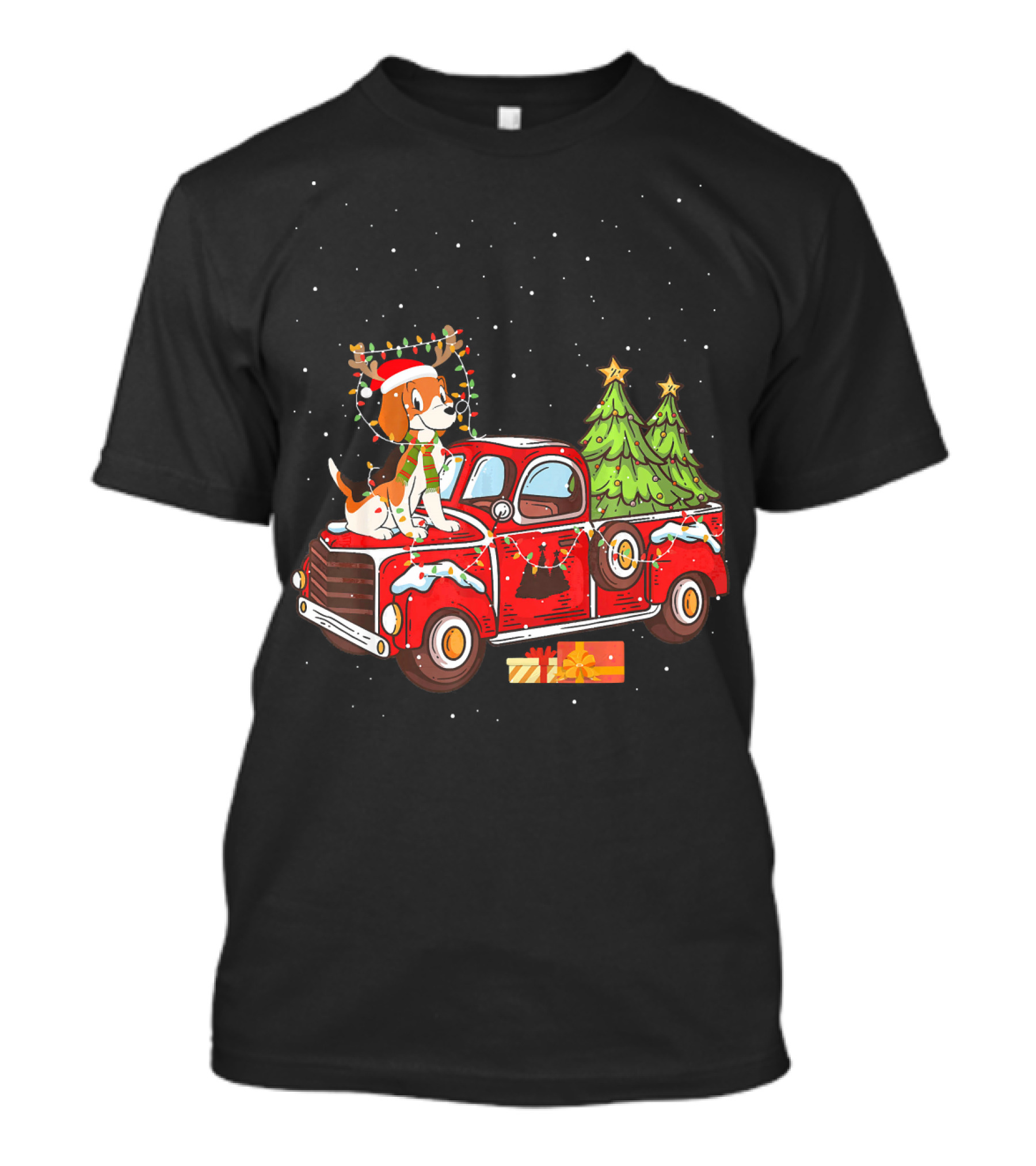 Christmas Beagle Dog In Red Holiday Truck With Christmas Trees And Gifts T-Shirt
