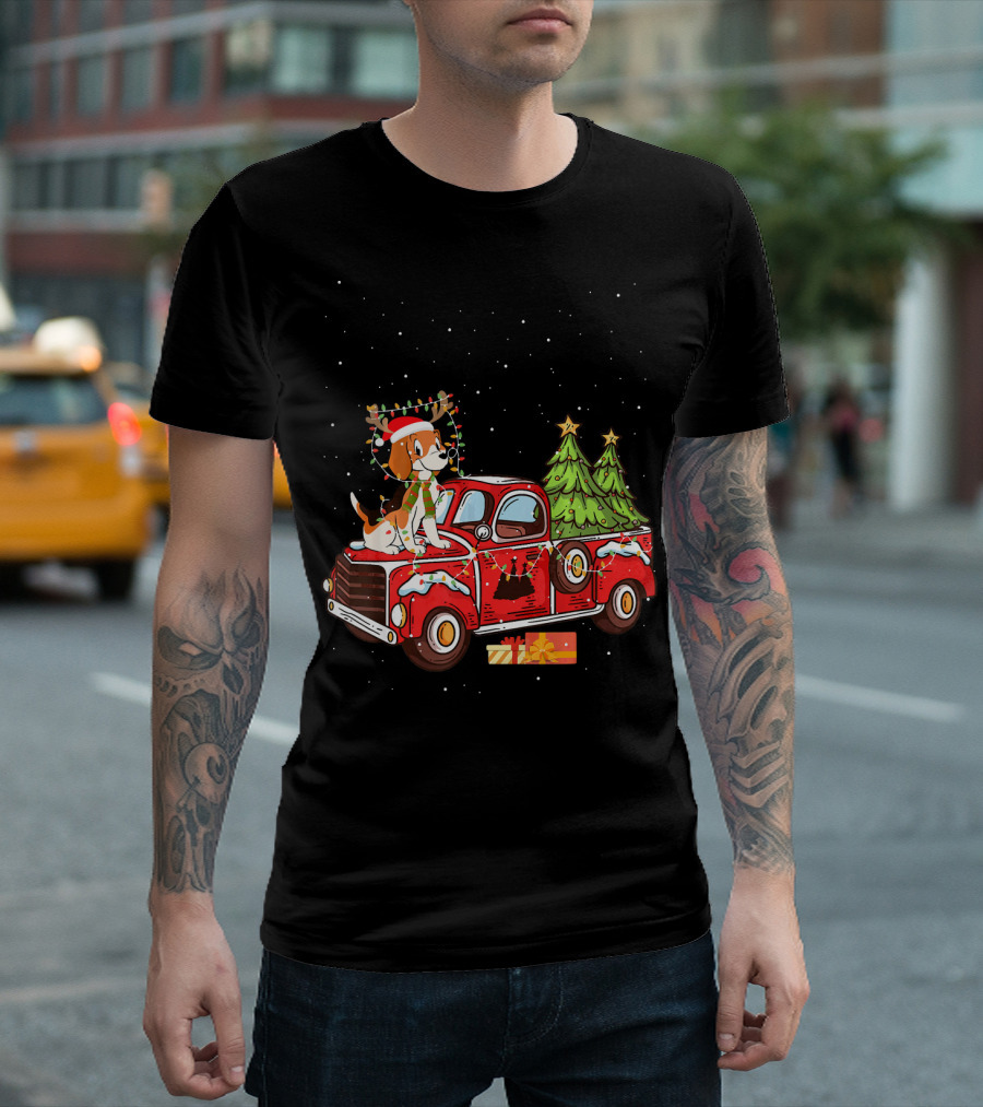 Christmas Beagle Dog In Red Holiday Truck With Christmas Trees And Gifts T-Shirt