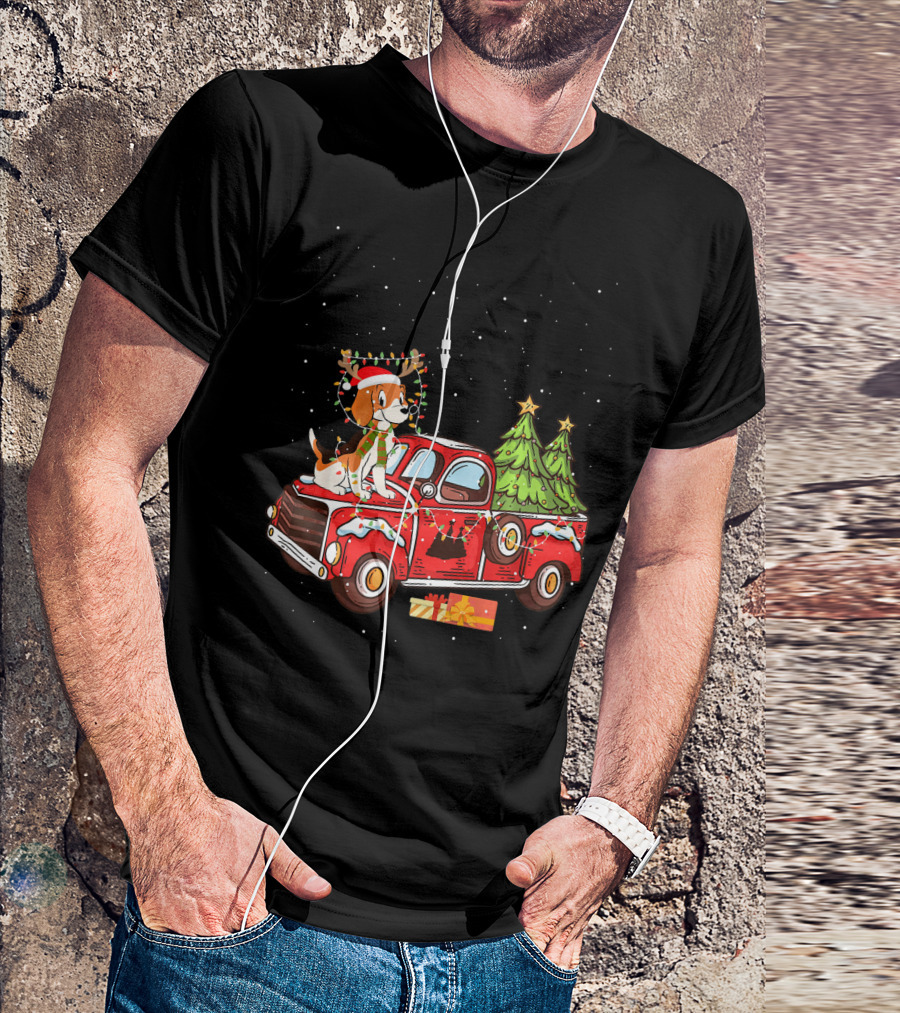 Christmas Beagle Dog In Red Holiday Truck With Christmas Trees And Gifts T-Shirt