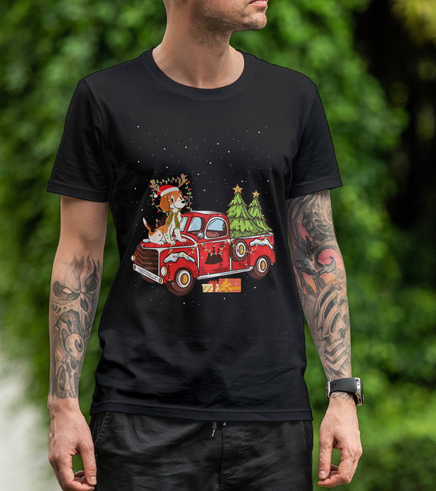 Christmas Beagle Dog In Red Holiday Truck With Christmas Trees And Gifts T-Shirt