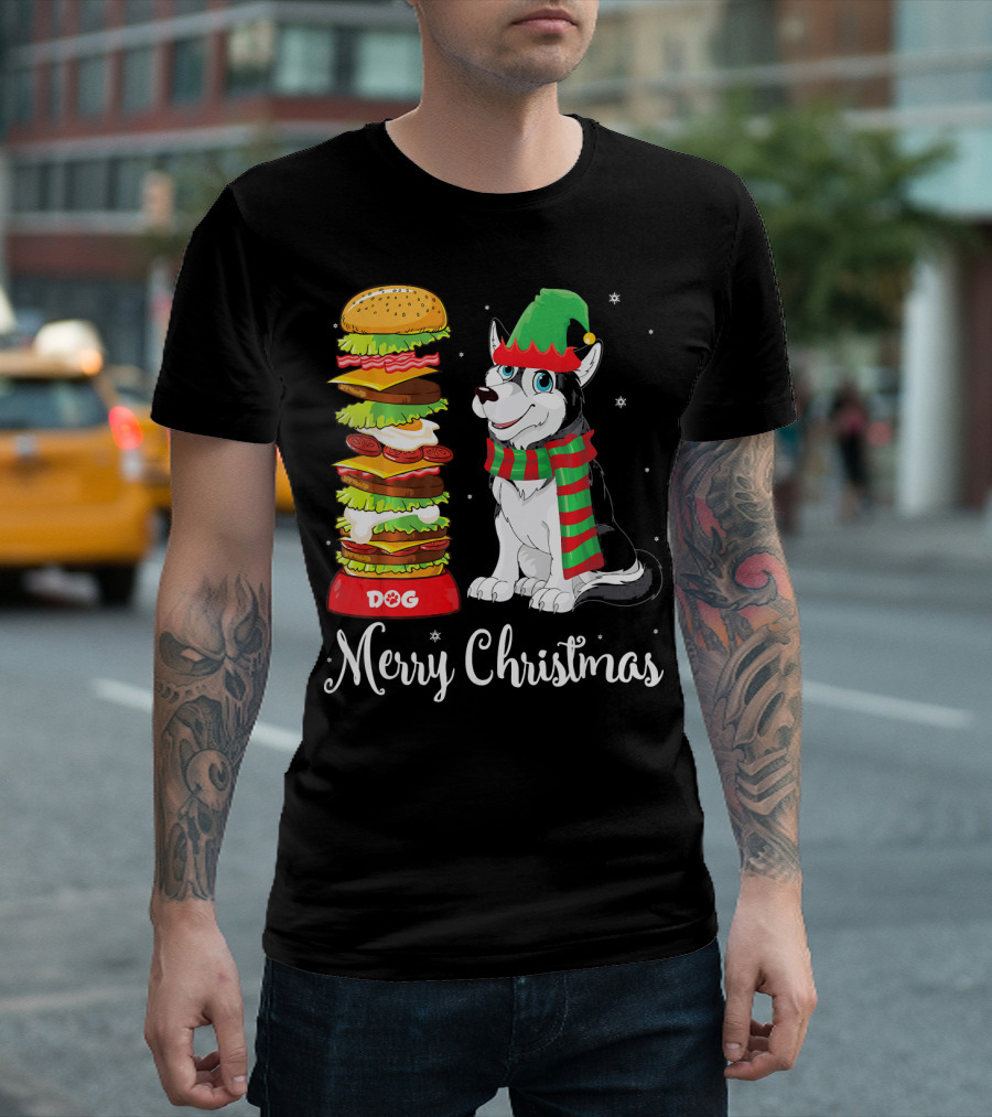 Merry Christmas Alaskan Husky in ELF Costume with Stacked Hot Dog Burgers T-Shirt