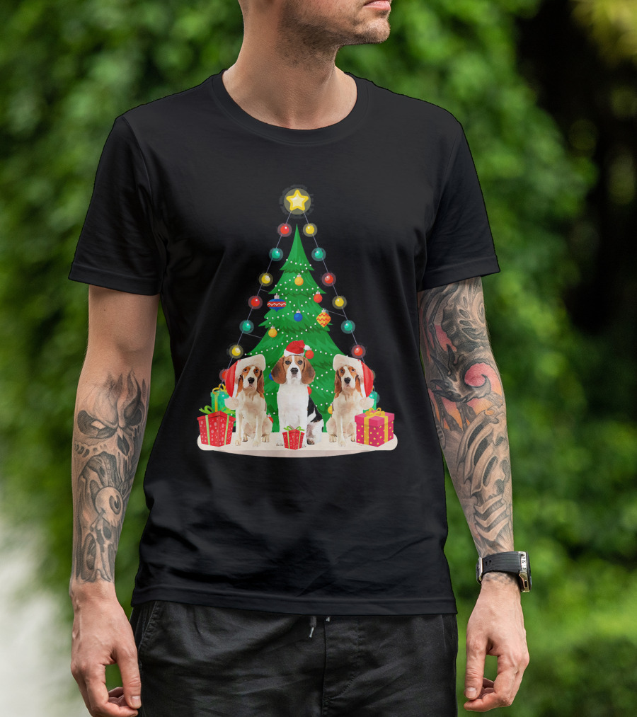 Beagle Christmas Tree With Santa Claus Hat And Festive Gifts T-Shirt